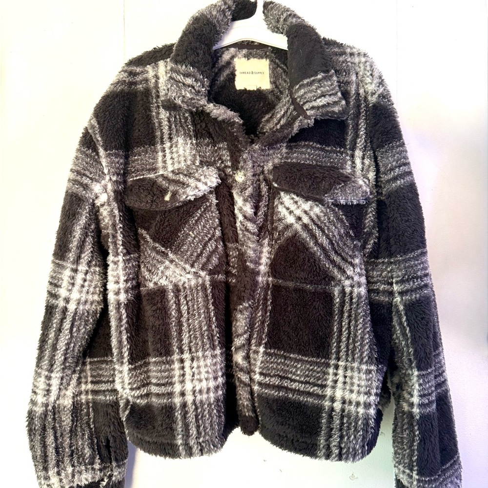 Black and White Plaid Fleece Jacket